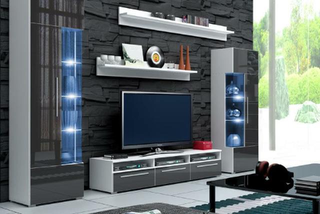 Wohnwand modell roma kb hochglanz 2 vitrinen, regale und 3er ... Design couchtisch wohnzimmer hochglanz cube florenz