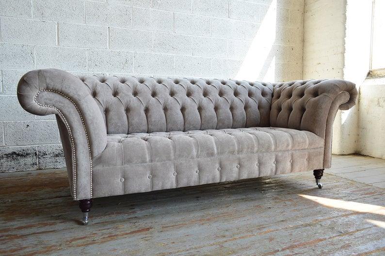 Chesterfield Large Fabric Design Living Room Sofa Cushioning 3 Seat Leather #121-
